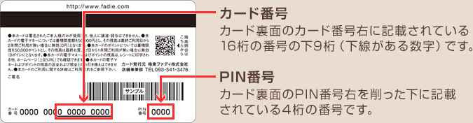 カード番号：カード裏面のカード番号右に記載されている16桁の番号の下9桁（下線がある数字）です。PIN番号：カード裏面のPIN番号右を削った下に記載されている4桁の番号です。