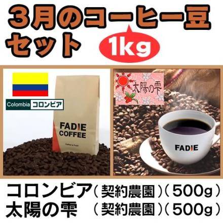 【送料無料】3月のコーヒー豆1kgセット(コロンビア500g・太陽の雫500g)