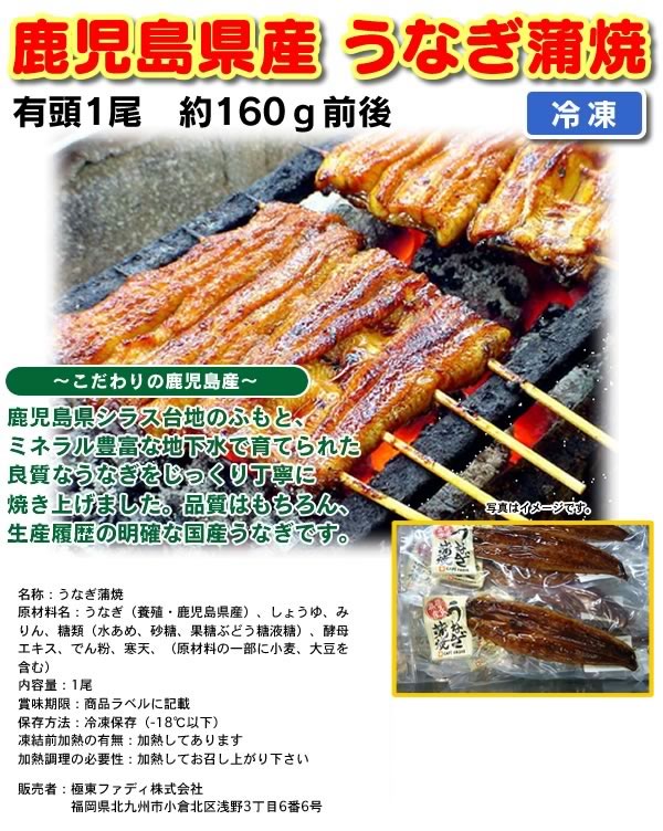 鹿児島県産 うなぎ蒲焼 有頭1尾 約160g前後